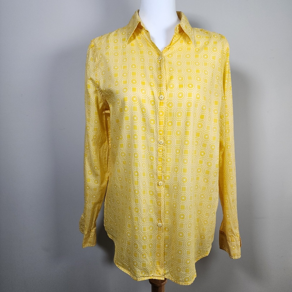 JONES NEW YORK Shirt Womens Medium Yellow Cotton Button Up Blouse Lightweight